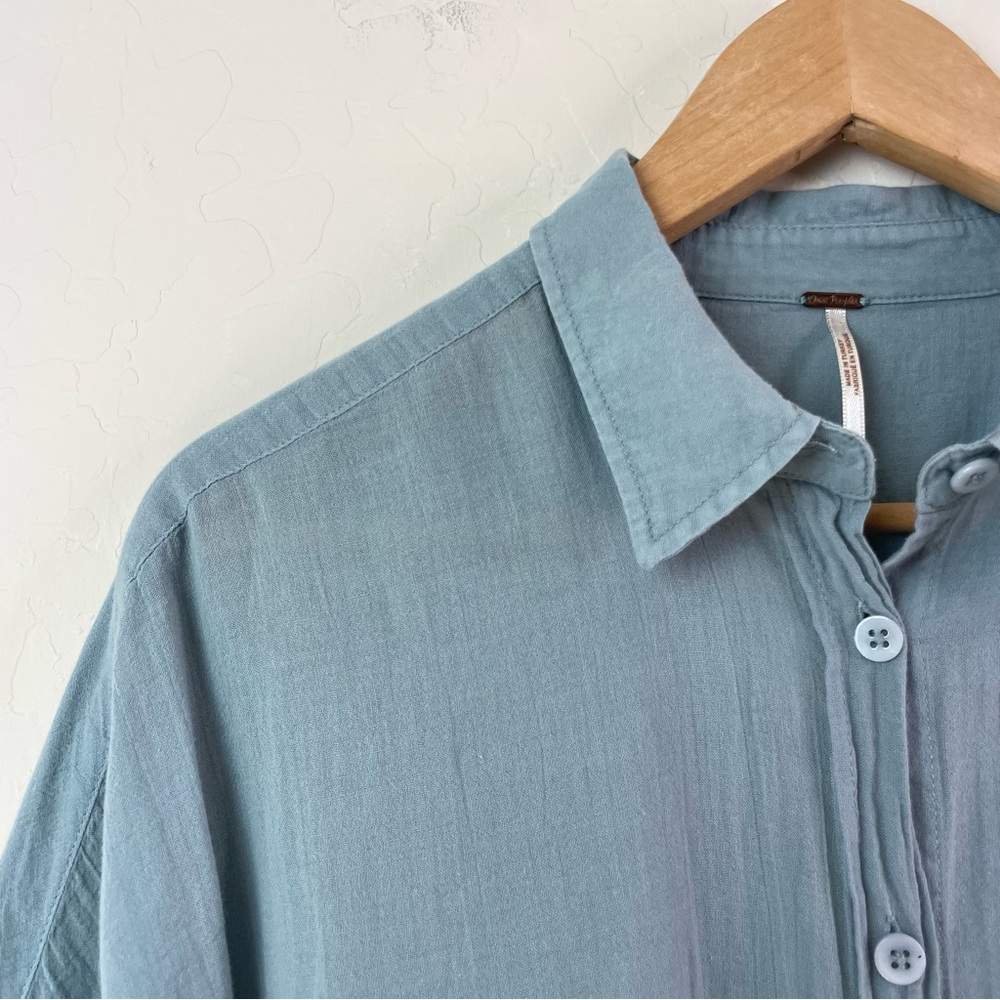 FREE PEOPLE Best of Me Blue Button Front Waterfall Top High-Low Raw Hem Blouse - Picture 6 of 16